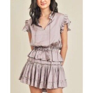 RESET by Jane Ruffle Smocked Tiered Mini Dress Pleated Satin Size M Lavender